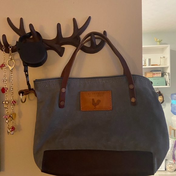 Meanwhile Back on the Farm Slate Blue Waxed Canvas Tote Rustic Casual Bag - Picture 8 of 9